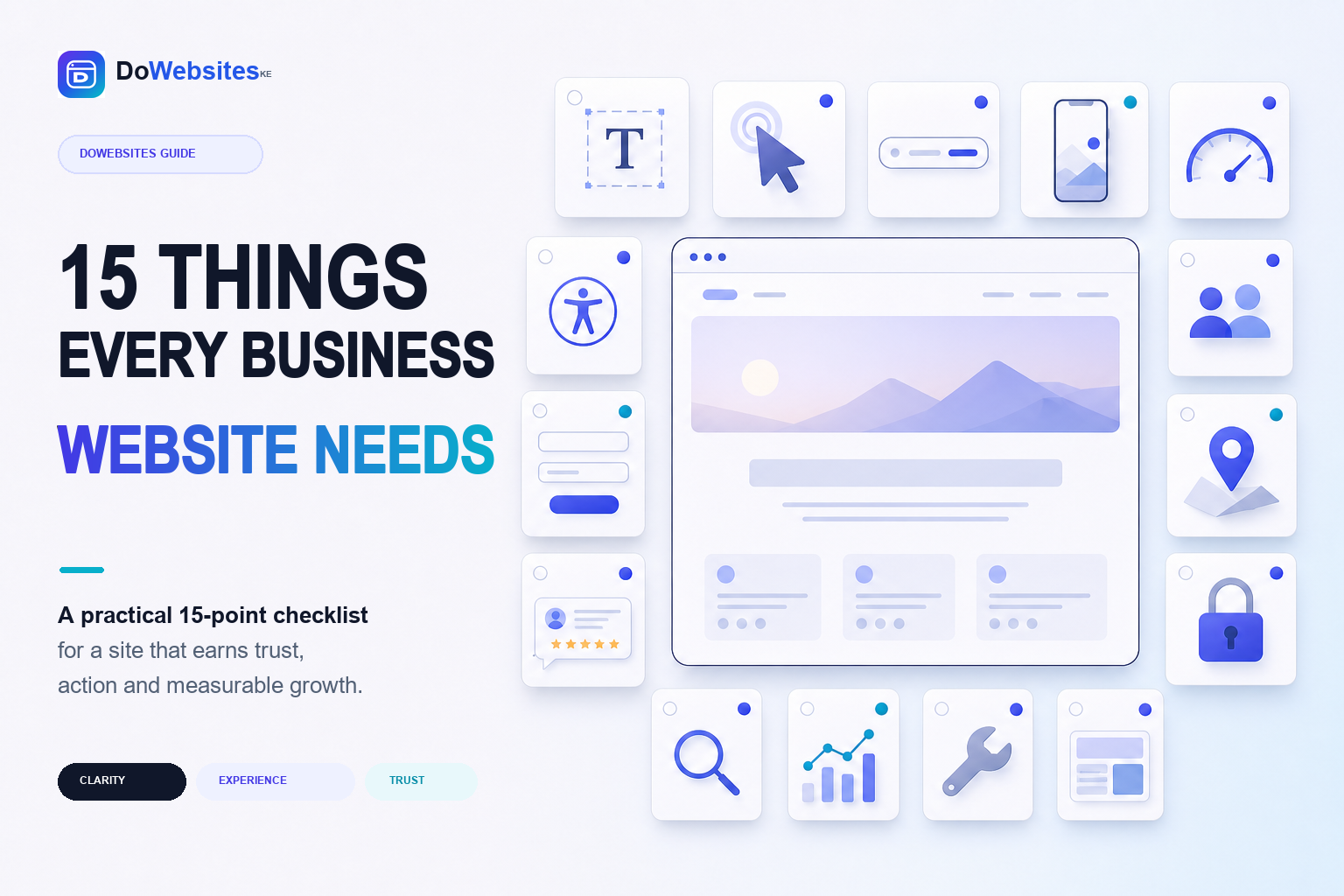 A visual blueprint of a high-performing business website arranged as an editorial checklist